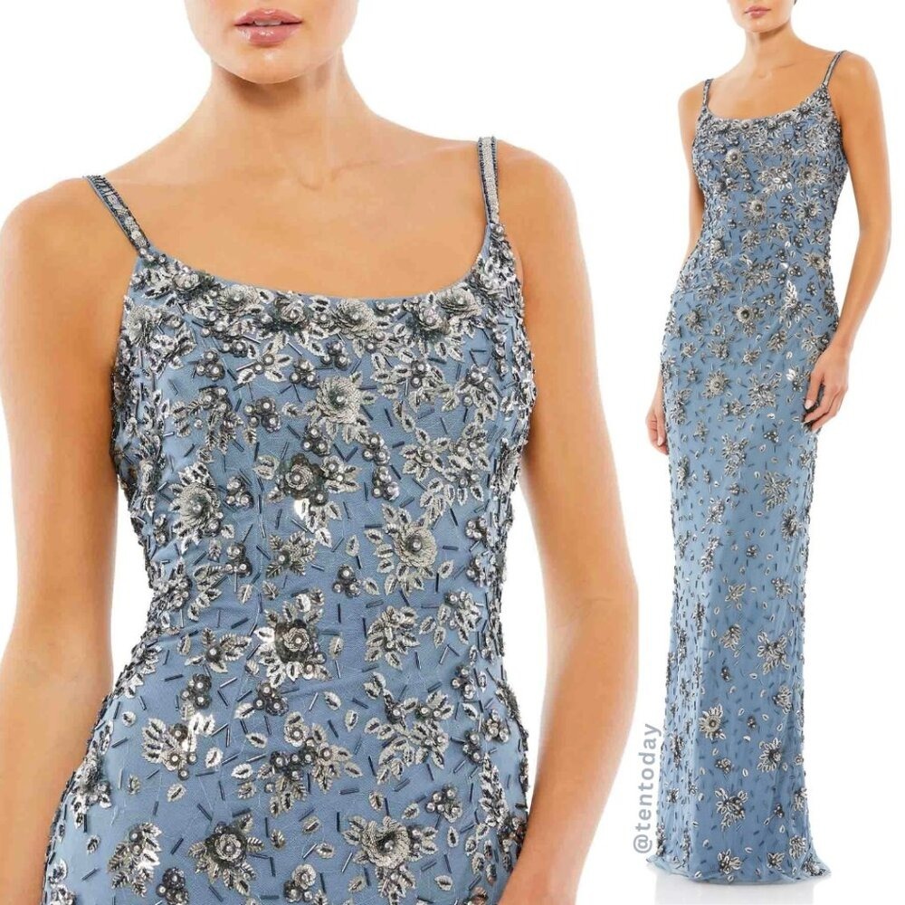NWT Mac Duggal Size 12 Slate Blue Silver Floral Embellished Long Maxi Dress Gown